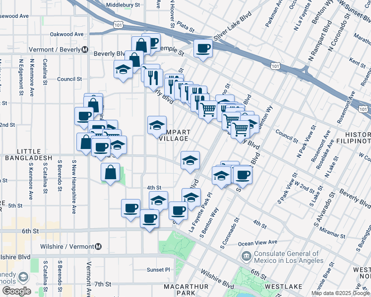 map of restaurants, bars, coffee shops, grocery stores, and more near 231 South Vendome Street in Los Angeles