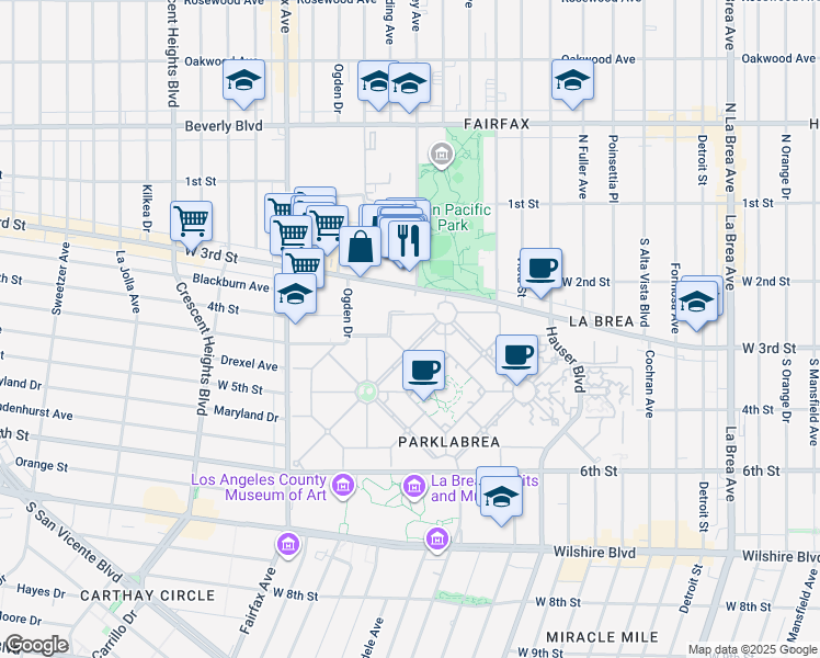 map of restaurants, bars, coffee shops, grocery stores, and more near 323 South Orange Grove Avenue in Los Angeles