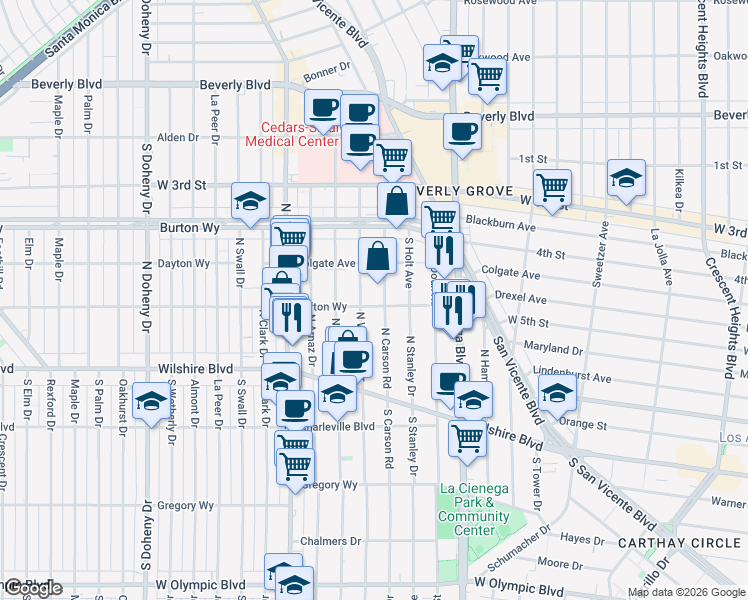 map of restaurants, bars, coffee shops, grocery stores, and more near 8649 Clifton Way in Beverly Hills