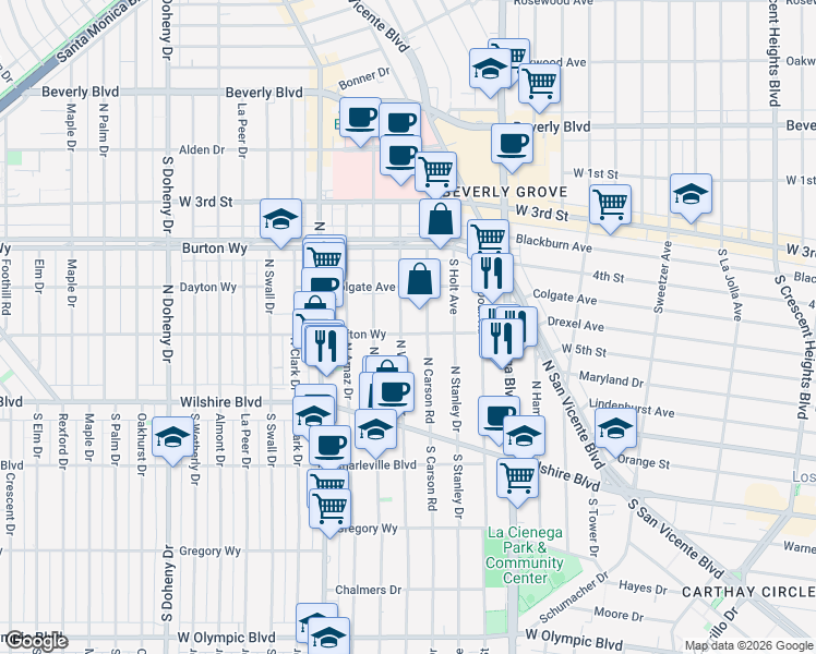 map of restaurants, bars, coffee shops, grocery stores, and more near 8649 Clifton Way in Beverly Hills