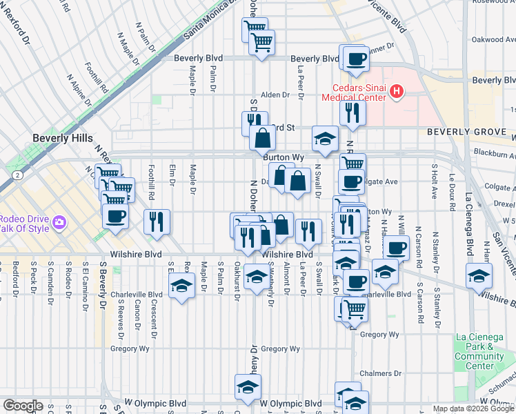 map of restaurants, bars, coffee shops, grocery stores, and more near 209 North Wetherly Drive in Beverly Hills