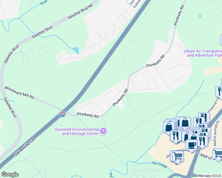map of restaurants, bars, coffee shops, grocery stores, and more near 3538 Clarecastle Drive in Buford