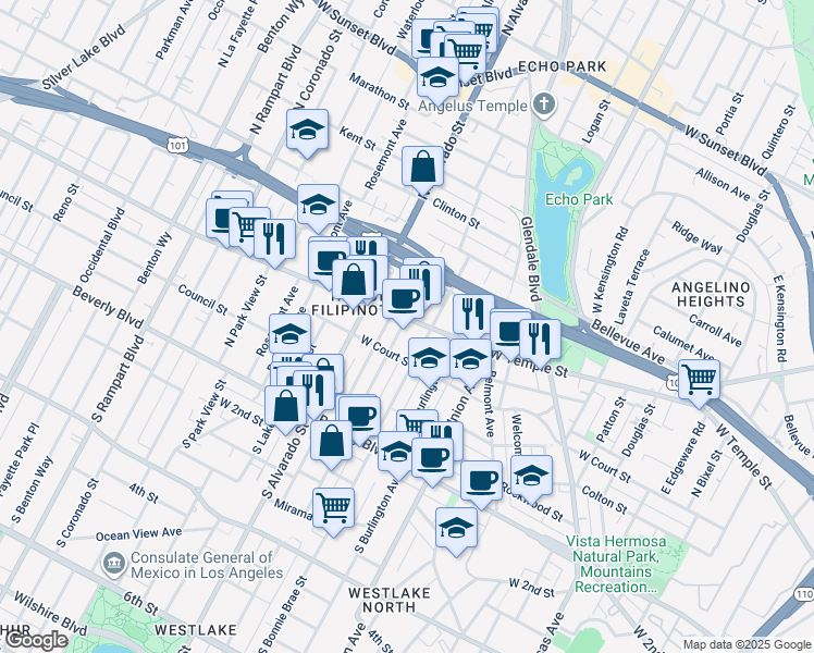 map of restaurants, bars, coffee shops, grocery stores, and more near 330 North Westlake Avenue in Los Angeles