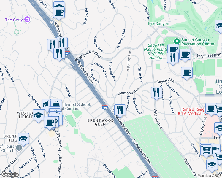 map of restaurants, bars, coffee shops, grocery stores, and more near 337 South Glenroy Avenue in Los Angeles