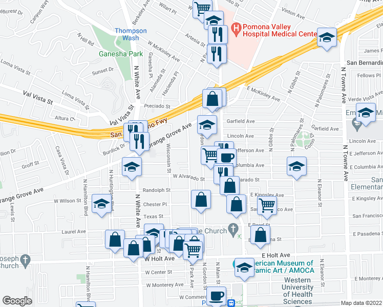 map of restaurants, bars, coffee shops, grocery stores, and more near 1176 North Park Avenue in Pomona