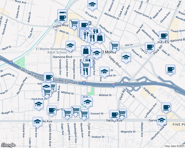 map of restaurants, bars, coffee shops, grocery stores, and more near 3345 California Avenue in El Monte