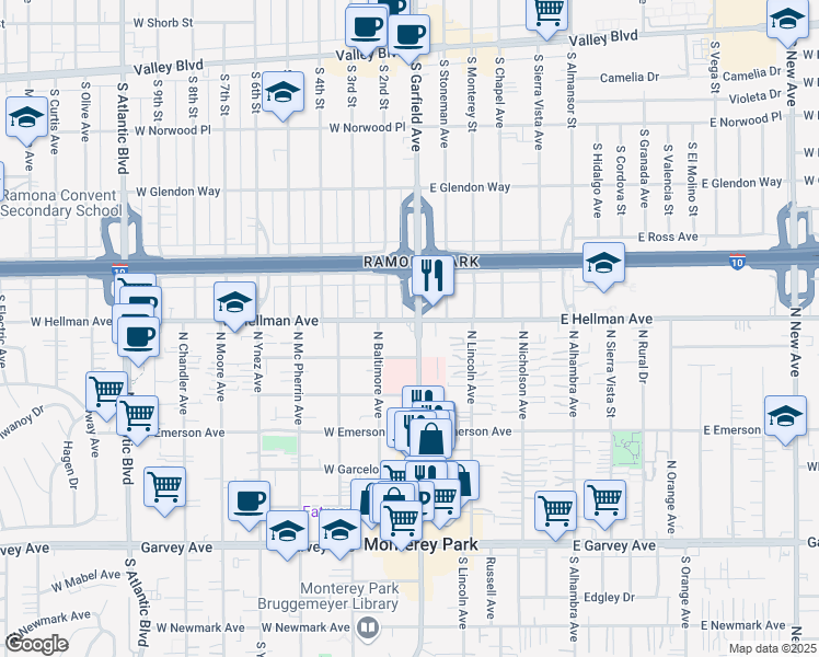 map of restaurants, bars, coffee shops, grocery stores, and more near 631 North Garfield Avenue in Monterey Park