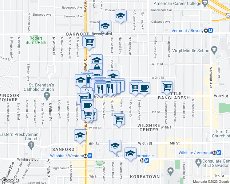 map of restaurants, bars, coffee shops, grocery stores, and more near 256 South Hobart Boulevard in Los Angeles