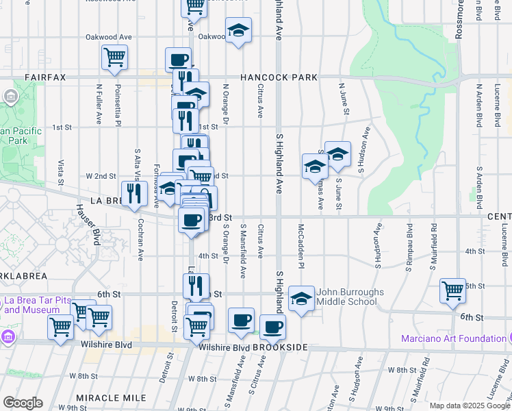 map of restaurants, bars, coffee shops, grocery stores, and more near 250 South Citrus Avenue in Los Angeles
