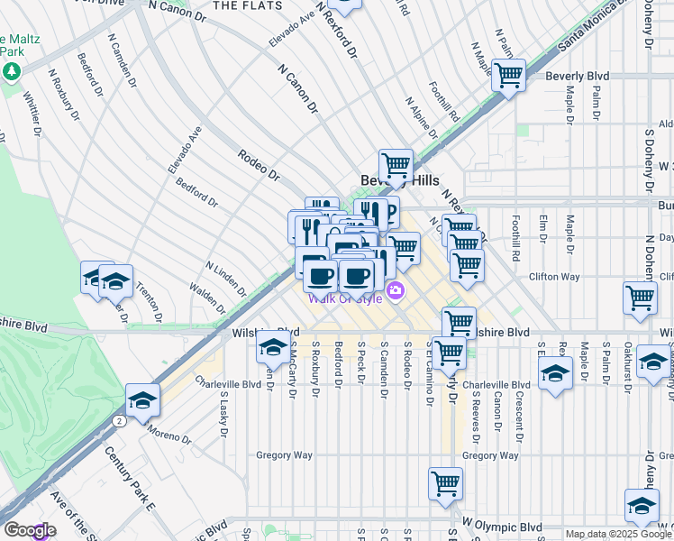 map of restaurants, bars, coffee shops, grocery stores, and more near 405 North Rodeo Drive in Beverly Hills