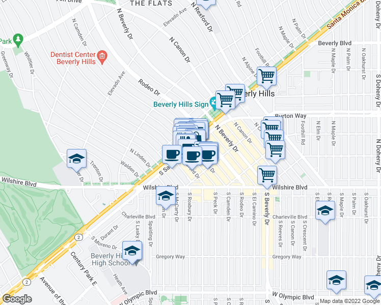 map of restaurants, bars, coffee shops, grocery stores, and more near 9620 South Santa Monica Boulevard in Beverly Hills