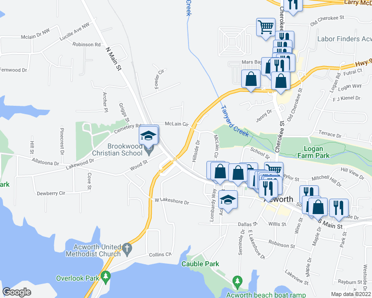 map of restaurants, bars, coffee shops, grocery stores, and more near Highway 92 in Acworth