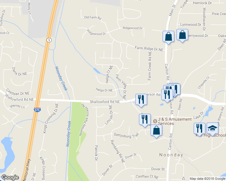 map of restaurants, bars, coffee shops, grocery stores, and more near 748 Helga Drive Northeast in Woodstock