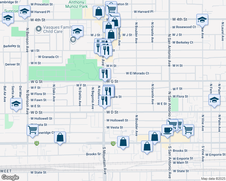 map of restaurants, bars, coffee shops, grocery stores, and more near 1025 North Palmetto Avenue in Ontario