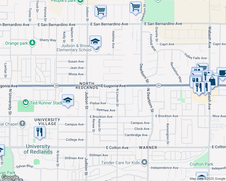 map of restaurants, bars, coffee shops, grocery stores, and more near 1459 Paiute Avenue in Redlands