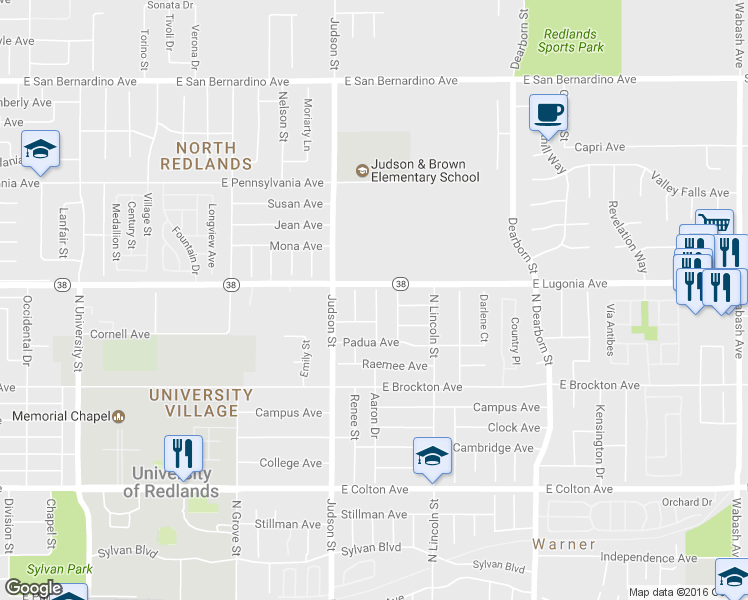 map of restaurants, bars, coffee shops, grocery stores, and more near 1241 Placer Street in Redlands