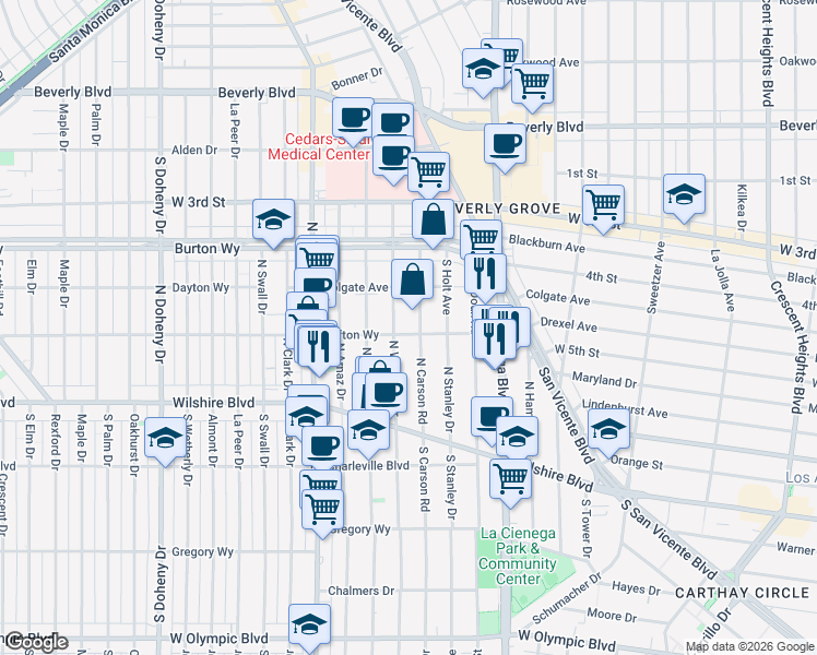 map of restaurants, bars, coffee shops, grocery stores, and more near 8649 Clifton Way in Beverly Hills