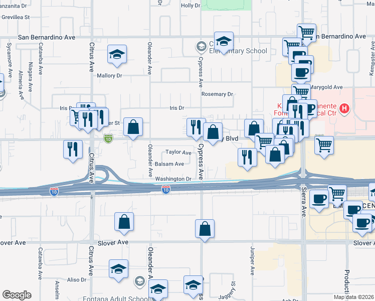 map of restaurants, bars, coffee shops, grocery stores, and more near 16462 Taylor Avenue in Fontana