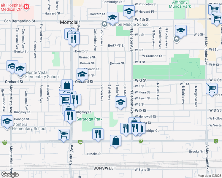 map of restaurants, bars, coffee shops, grocery stores, and more near 10151 Bel Air Avenue in Montclair