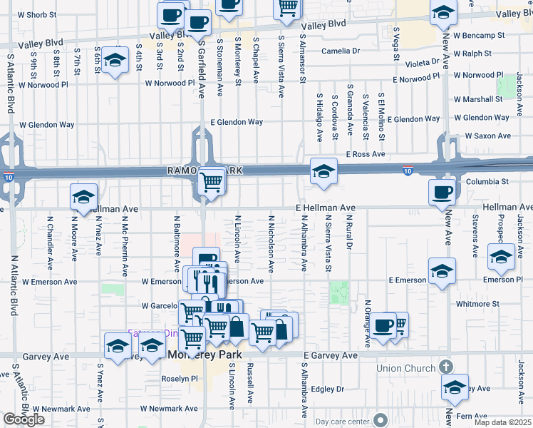 map of restaurants, bars, coffee shops, grocery stores, and more near 240 E Hellman Ave in Monterey Park