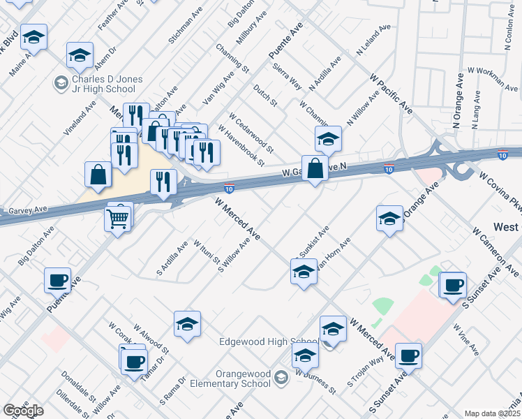 map of restaurants, bars, coffee shops, grocery stores, and more near 1121 South Willow Avenue in West Covina