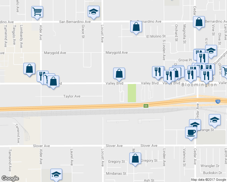 map of restaurants, bars, coffee shops, grocery stores, and more near 18180 Valley Boulevard in Bloomington