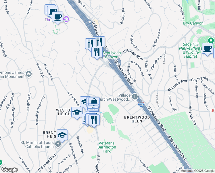 map of restaurants, bars, coffee shops, grocery stores, and more near 166 Acari Drive in Los Angeles