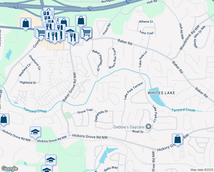 map of restaurants, bars, coffee shops, grocery stores, and more near 4787 Julian Way in Acworth