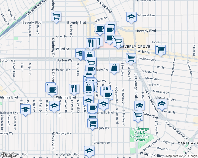 map of restaurants, bars, coffee shops, grocery stores, and more near 8725 Clifton Way in Beverly Hills