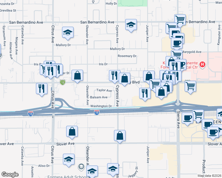 map of restaurants, bars, coffee shops, grocery stores, and more near 16474 Taylor Avenue in Fontana