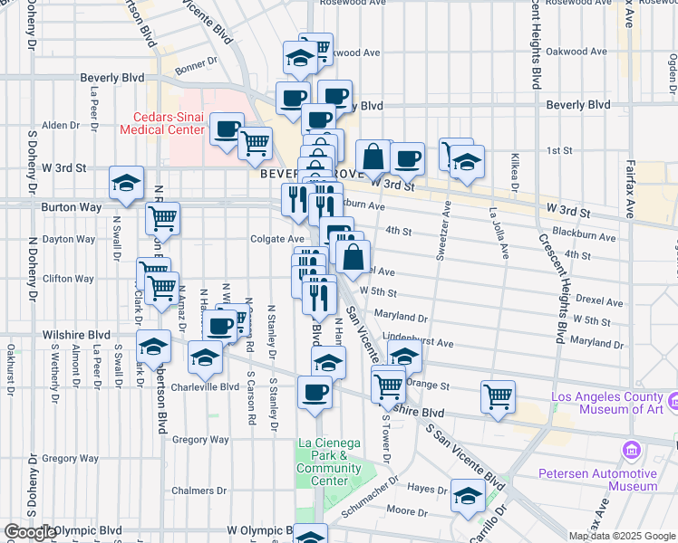 map of restaurants, bars, coffee shops, grocery stores, and more near 70 South San Vicente Boulevard in Los Angeles