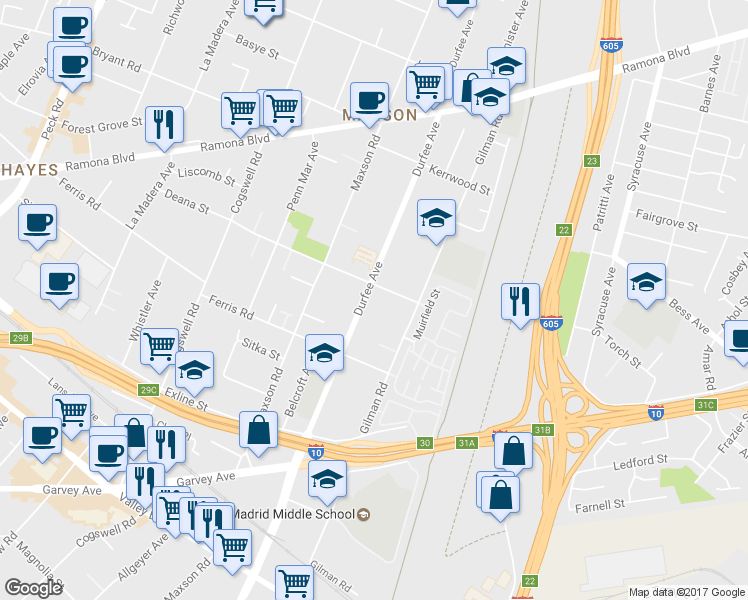 map of restaurants, bars, coffee shops, grocery stores, and more near 3730 Durfee Avenue in El Monte
