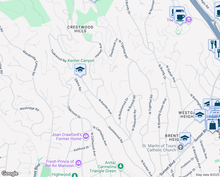 map of restaurants, bars, coffee shops, grocery stores, and more near 601 Tuallitan Road in Los Angeles