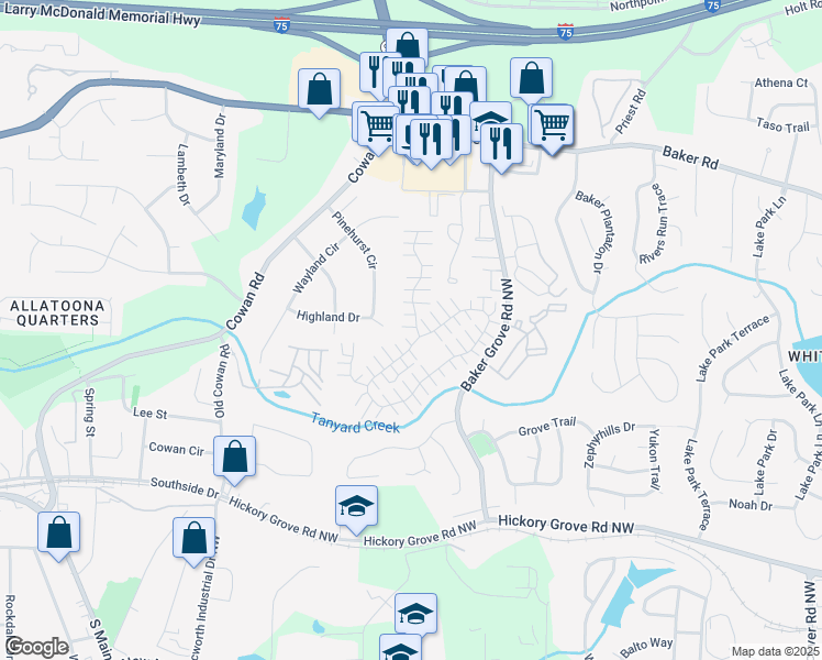 map of restaurants, bars, coffee shops, grocery stores, and more near 120 Windcroft Lane Northwest in Acworth