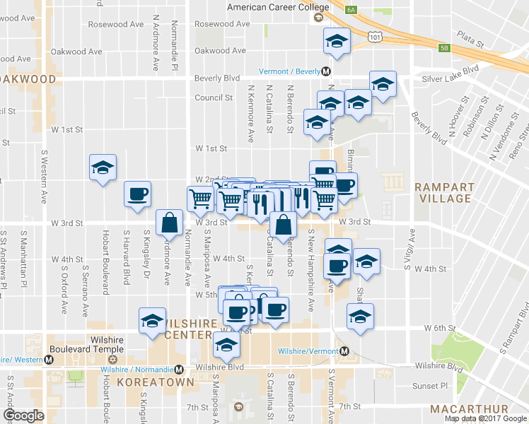 map of restaurants, bars, coffee shops, grocery stores, and more near 247 South Catalina Street in Los Angeles