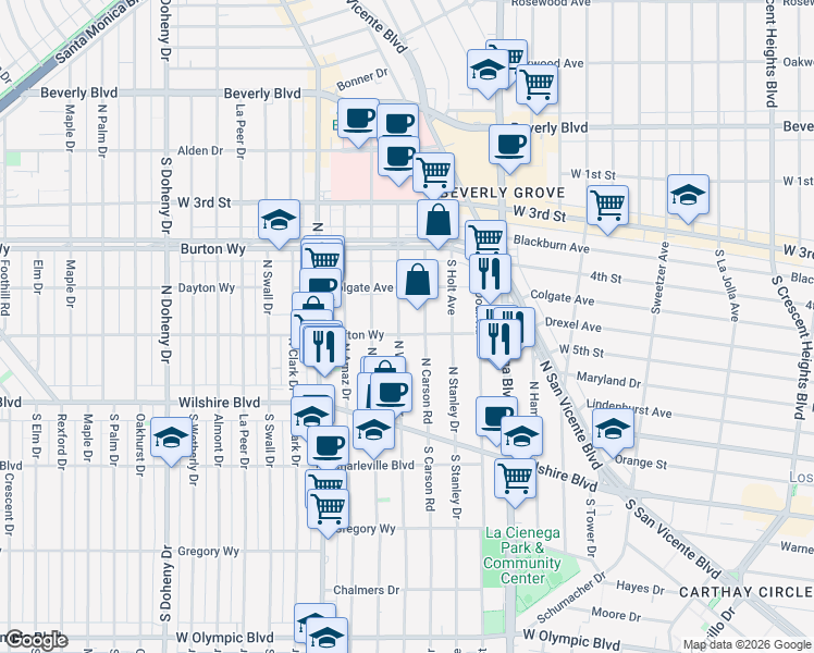 map of restaurants, bars, coffee shops, grocery stores, and more near 8649 Clifton Way in Beverly Hills