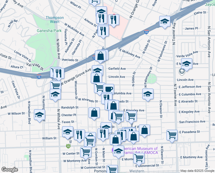 map of restaurants, bars, coffee shops, grocery stores, and more near 120 East Jefferson Avenue in Pomona