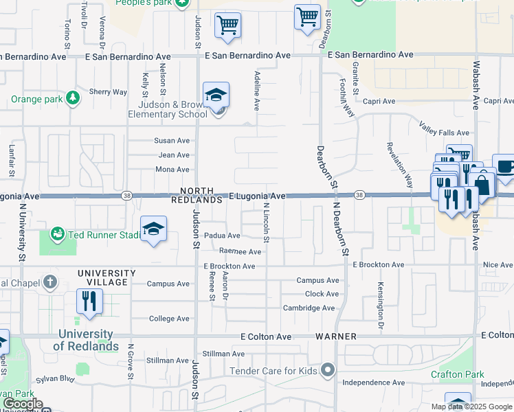 map of restaurants, bars, coffee shops, grocery stores, and more near 1459 Paiute Avenue in Redlands