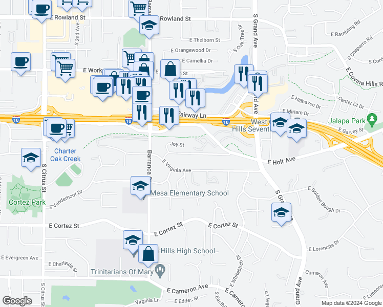 map of restaurants, bars, coffee shops, grocery stores, and more near 3072 East Oak Knoll Drive in West Covina
