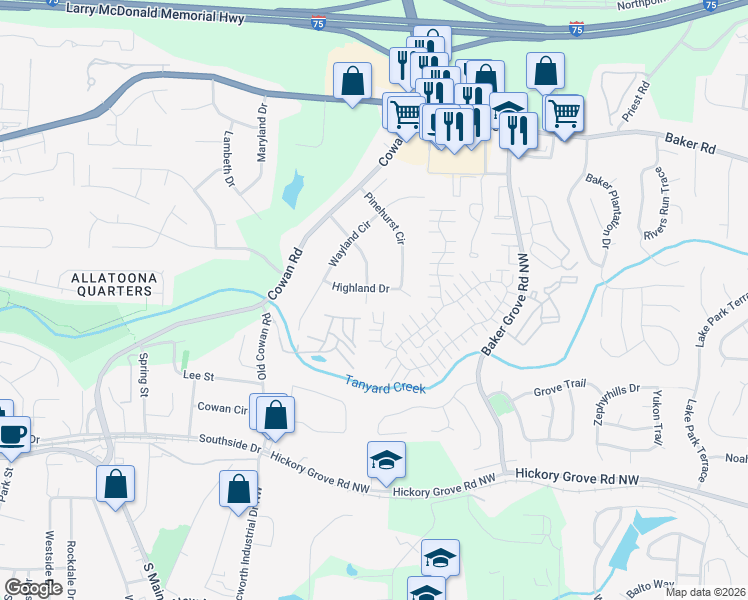 map of restaurants, bars, coffee shops, grocery stores, and more near 3613 Highland Drive in Acworth