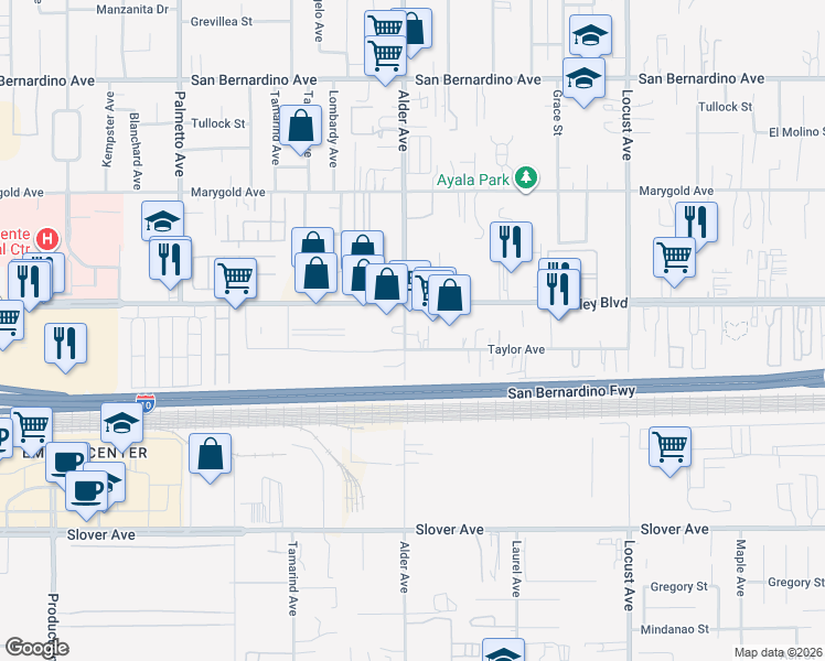 map of restaurants, bars, coffee shops, grocery stores, and more near 10149 Alder Avenue in Bloomington