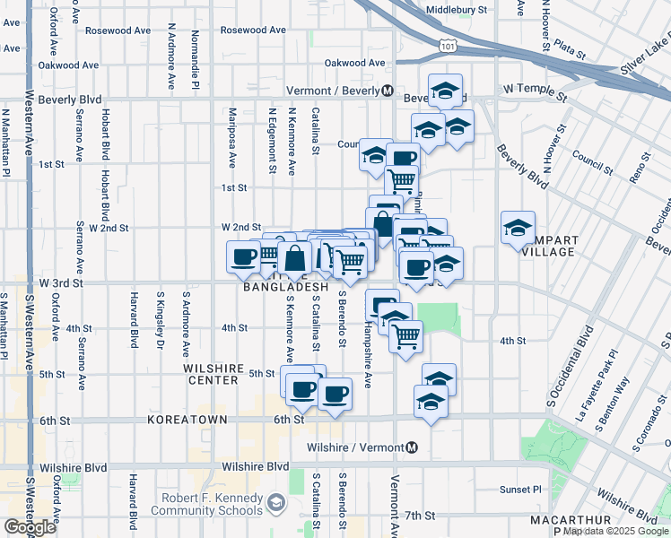 map of restaurants, bars, coffee shops, grocery stores, and more near 245 South Berendo Street in Los Angeles