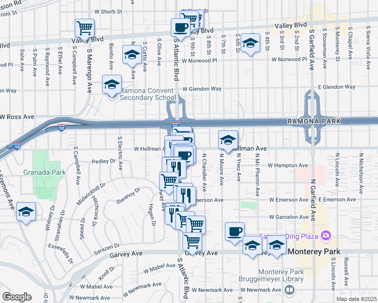 map of restaurants, bars, coffee shops, grocery stores, and more near in Alhambra