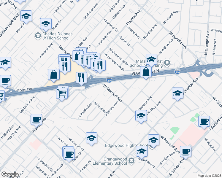 map of restaurants, bars, coffee shops, grocery stores, and more near 2307 West Merced Avenue in West Covina