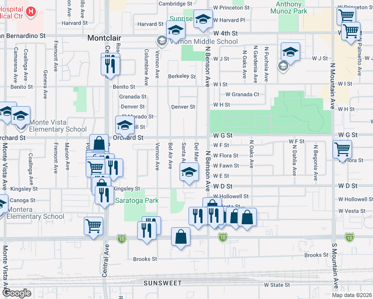 map of restaurants, bars, coffee shops, grocery stores, and more near 10151 Santa Anita Avenue in Montclair