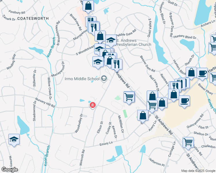 map of restaurants, bars, coffee shops, grocery stores, and more near 6051 Wescott Road in Columbia
