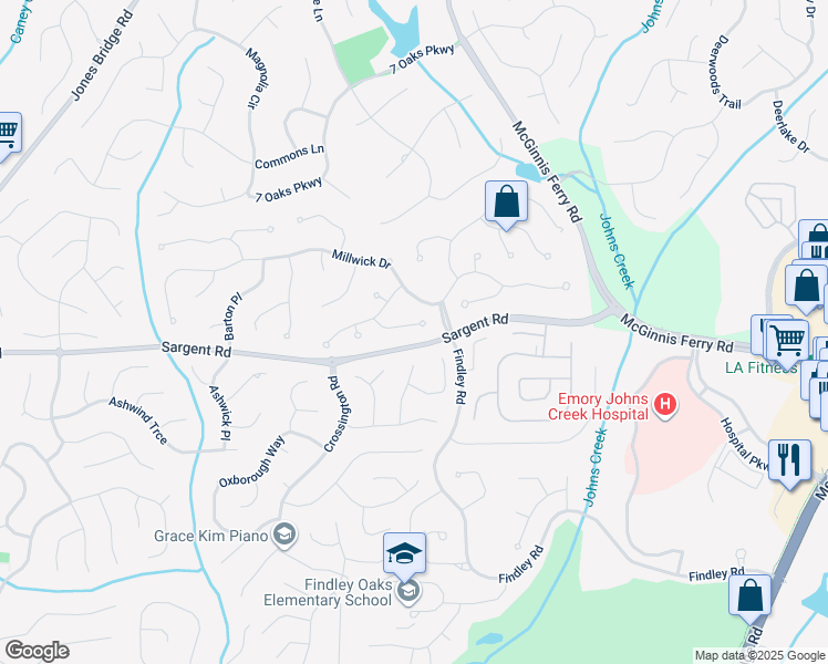 map of restaurants, bars, coffee shops, grocery stores, and more near 255 Devon Mill Court in Alpharetta