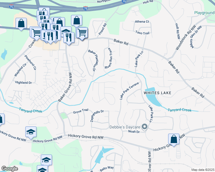 map of restaurants, bars, coffee shops, grocery stores, and more near 3164 Parfait Place in Acworth