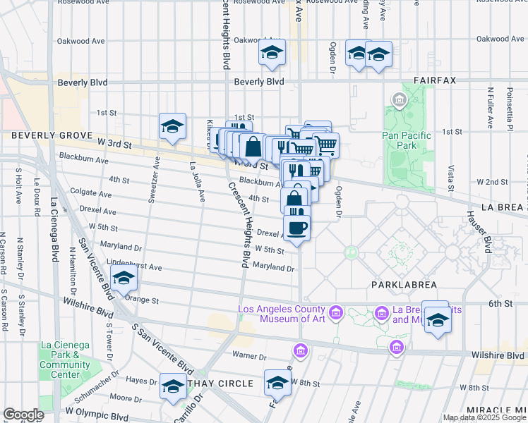 map of restaurants, bars, coffee shops, grocery stores, and more near 6359 Colgate Avenue in Los Angeles
