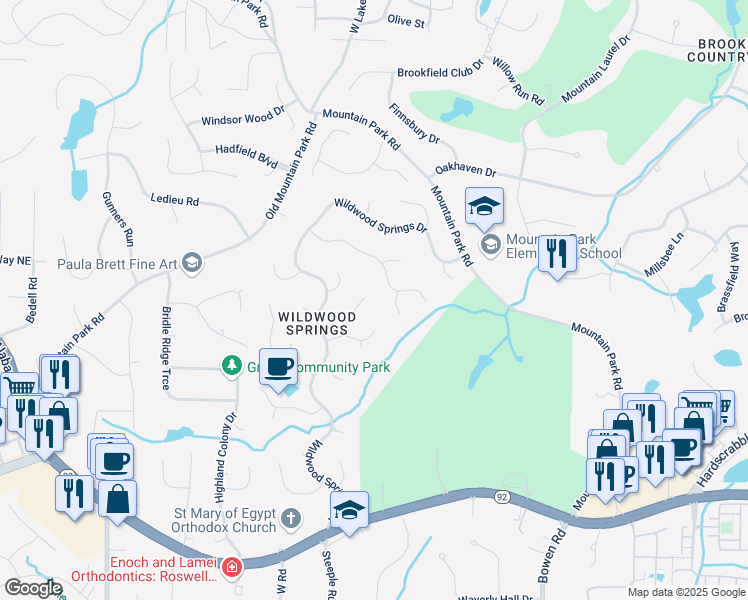 map of restaurants, bars, coffee shops, grocery stores, and more near 545 Old Path Crossing in Roswell